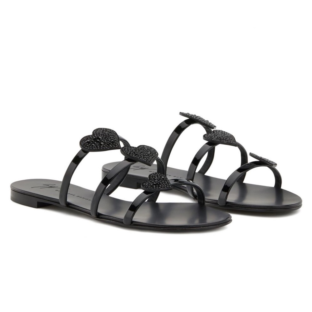 Giuseppe Zanotti Anya Swarovski Crystal Heart Slide Mule Flat Sandals Black 37.5 - Picture 3 of 11